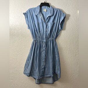 Japana Blue White Stripe Short sleeves Casual Cotton  High Low Shirt Dress Large